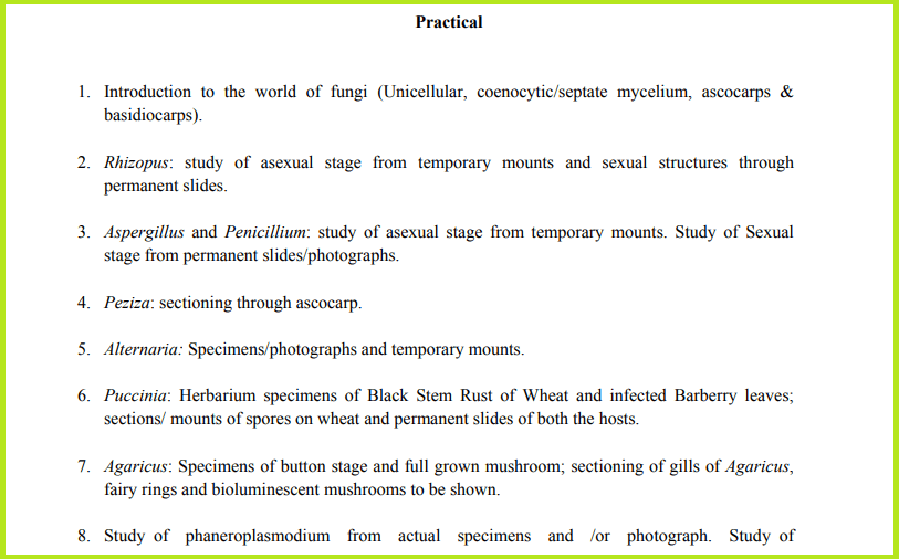 BSc Mycology and Phytopathology Practical List